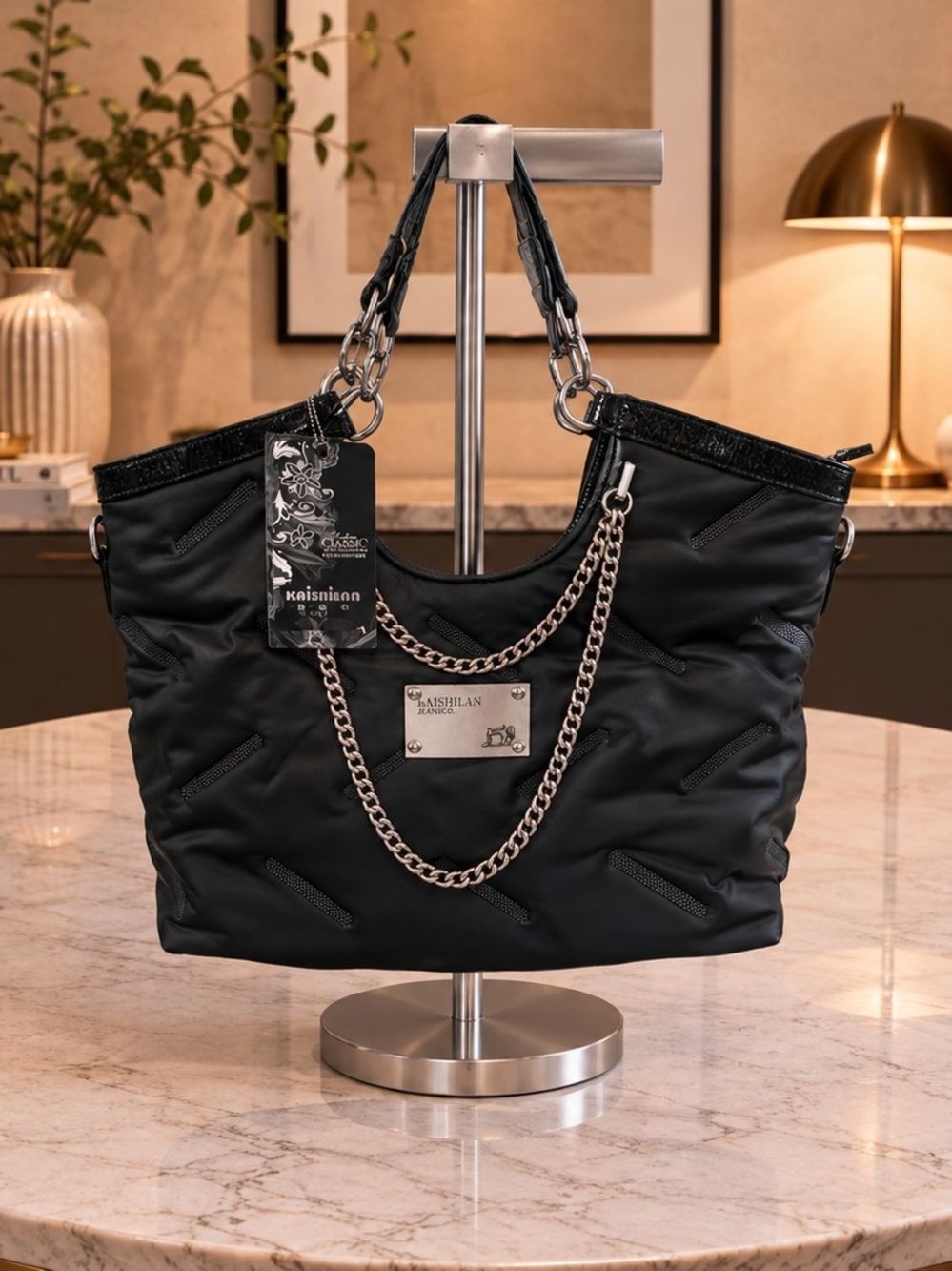 Brand New - Elevated Black Quilted Chain-Accented Tote Bag